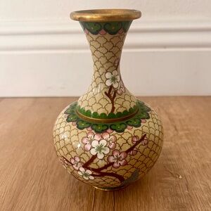 Antique 19th C. Chinese Cloisonne Vase Pink Cherry Blossoms & Bird DOUBLE BOTTOM